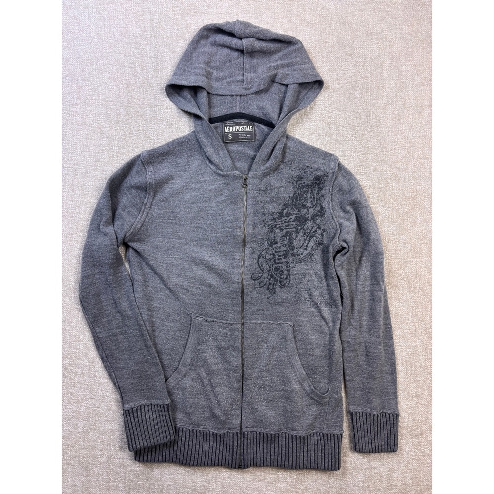Y2K Aeropostale Mens Small Grey Full Zip Graphic Knit Hooded Sweater Hoodie